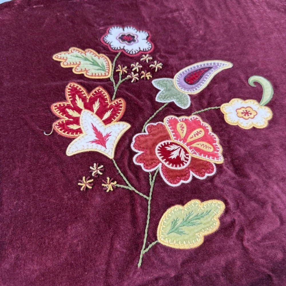 Pottery Barn Embroidered Fall Pillow Cover Velvet Floral 18x18 CottageCore Red
